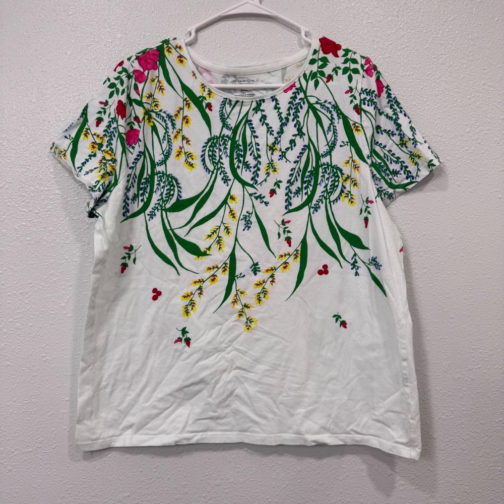 Talbots Woman 2X Floral Print T-Shirt White Cotton‎ Blend Short Sleeve Tee
